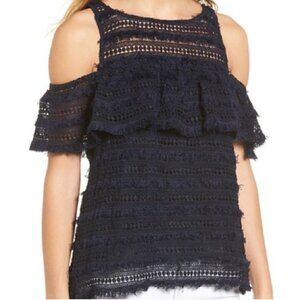 Chelsea28 Navy Fringe Lace Cold Shoulder Top XS